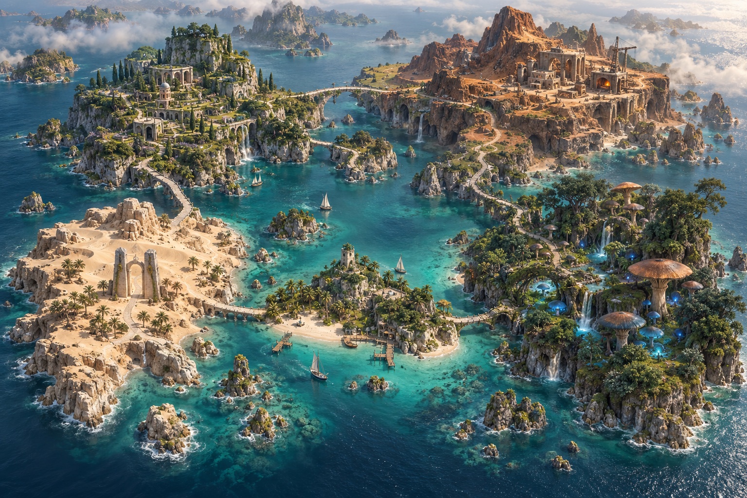 A cinematic island world connected by stone bridges. Green terraces to the northwest, an ochre workshop in the northeast, a desert gateway in the southwest, a central coast and a mushroom forest to the southeast.